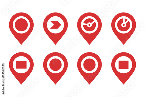 Red Map Pin Icons Collection Location Markers with Different Symbols Isolated on White Background