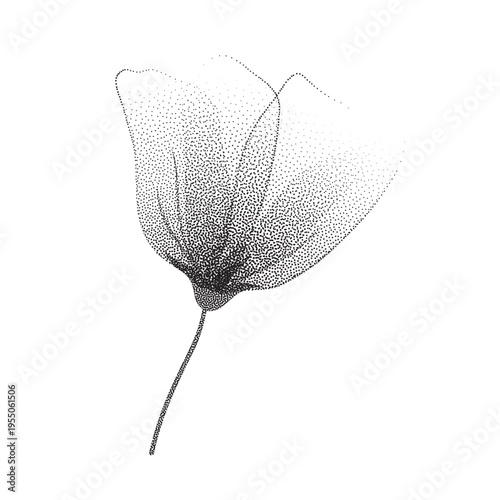 Dotwork elegant flower in pointillism stipple effect.Gentle rose bud with subtle spray texture.Fragile floral element with dainty aesthetic for minimal prints,posters,branding,invitations.