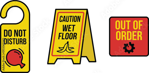 A collection of hospitality and maintenance warning signs includes a door hanger, wet floor notice, and out of order panel.