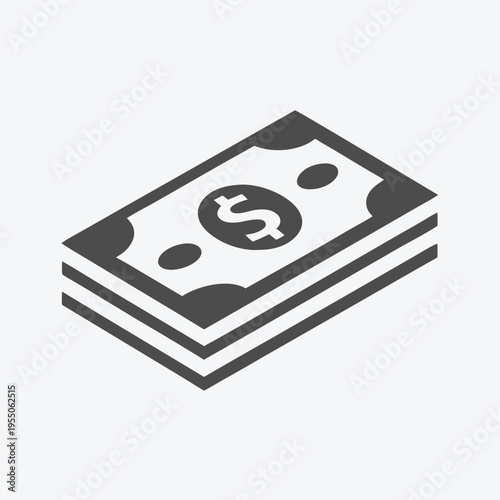 A black and white flat icon shows a stacked pile of currency cash