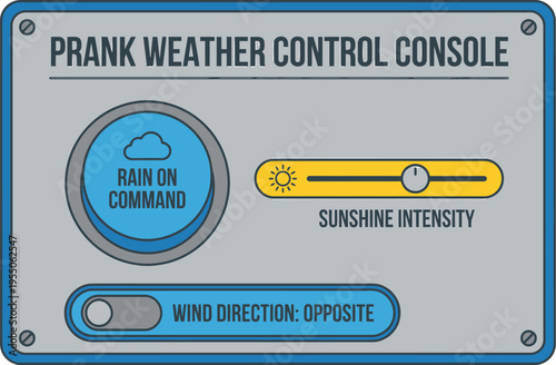 A gray prank weather control console features labeled buttons and sliders for adjusting rain, sunshine intensity, and wind direction.