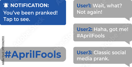 A simulated text message conversation displays an April Fools' Day prank notification followed by user reactions expressing surprise and amusement.