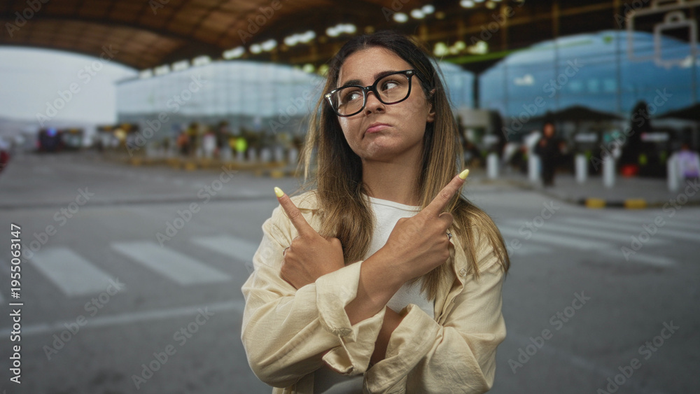 Obraz premium Woman crossing arms and pointing fingers at airport terminal curbside wearing glasses and beige shirt; indecision.