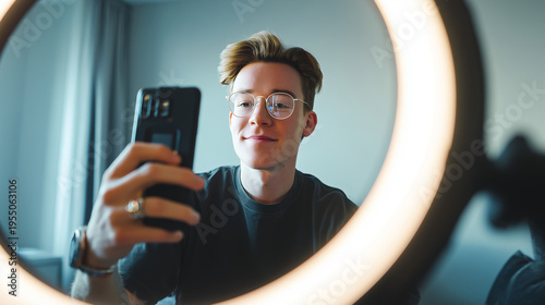 Young content creator recording video on smartphone with ring light in modern room, clean background with empty wall space, photorealistic, artificial intelligence, content creator
