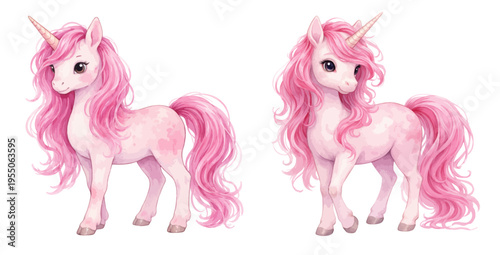 A watercolor vector set of cute pink unicorns for kids design, nursery decor and fantasy themes