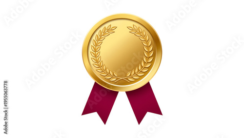 Isolated realistic gold medal with a classic laurel wreath design and elegant red ribbon