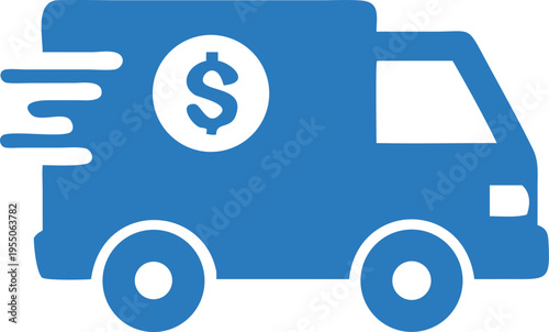 Blue delivery truck shows speed lines and dollar sign with white background