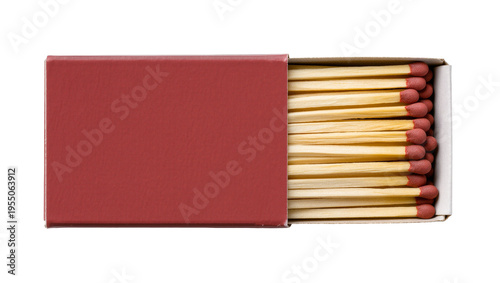 Tableau sur toile Isolated partially open red matchbox filled with wooden matches ready for igniti