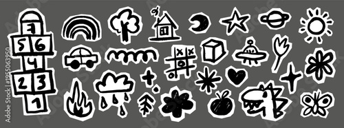 Kids Crayon scrapbook doodles set. Black retro hand drawn scribble stickers. Childish cutout elements with rough edges, car, rainbow, sun, moon, planets, dinosaur, flowers, butterflies, UFO
