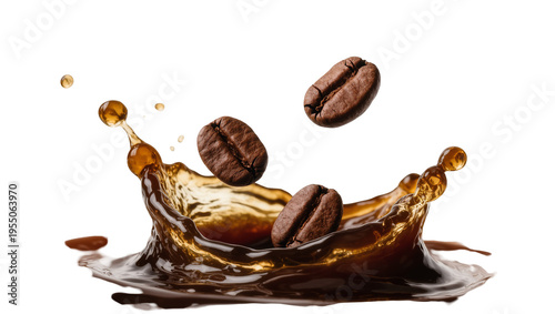Tableau sur toile Isolated coffee beans falling into a dynamic splash of rich dark coffee liquid,