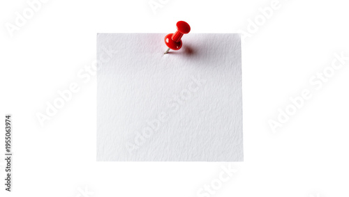 Isolated blank white textured paper note pinned by a red thumbtack for your message.