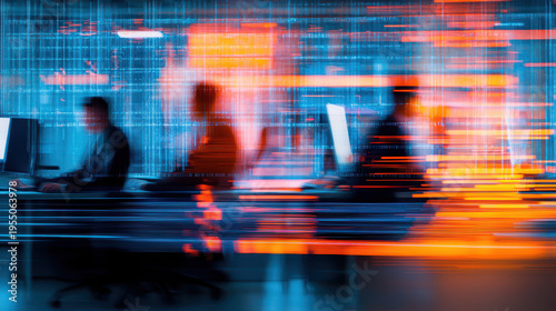 Abstract office scene with blurred figures working on computers, vibrant colors, and digital data streams creating dynamic atmosphere