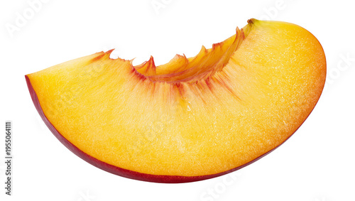 Bild auf Leinwand Isolated fresh ripe juicy peach fruit slice cross-section showing vibrant yellow