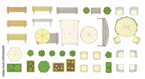 Terrace Garden Furniture Top View Vector Icons – Benches, Tables, Chairs, Plants, Landscape Yellow Outline Set