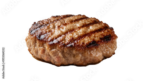 Konstfotografi Isolated gourmet beef hamburger patty, perfectly grilled with prominent char mar