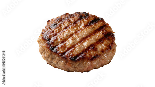 Foto Isolated juicy grilled burger patty with visible char marks, delicious ready to