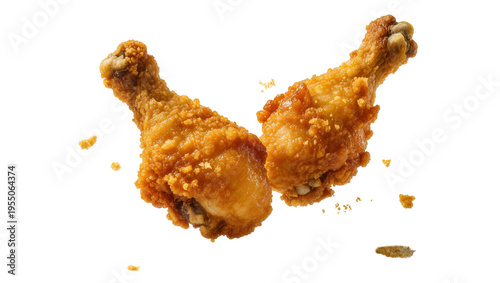 Foto Isolated crunchy golden fried chicken drumsticks and scattered crispy crumbs fly
