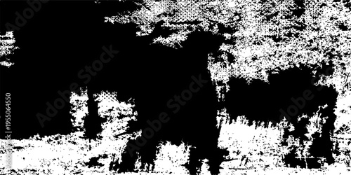 Grunge ink illustration silhouette of a black bear in the snow and on a black or white background featuring a dirty paint splatter texture with a nature tree border and floral vector design