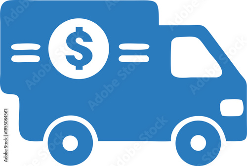 Isolated blue delivery truck displaying a dollar currency symbol on the side shows monetary value
