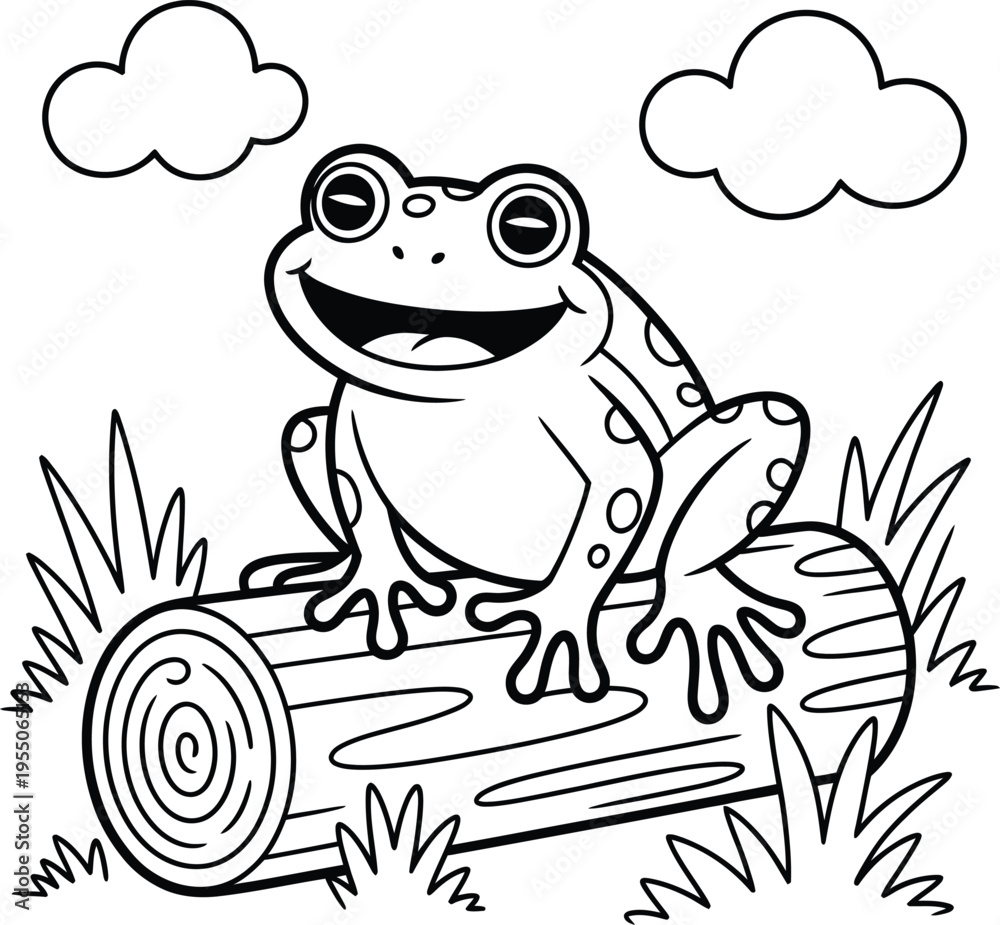 Obraz premium A smiling frog sitting on a log in the grass with clouds in the background
