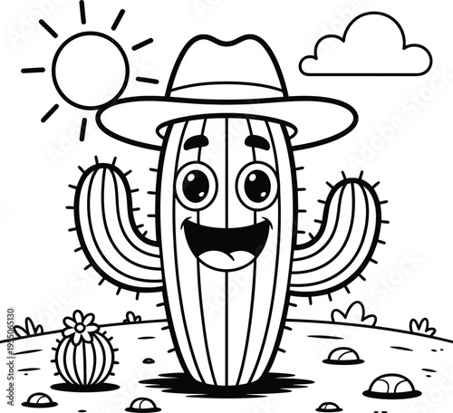 A smiling cartoon cactus wearing a cowboy hat on a sunny desert day with a