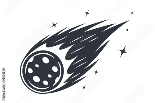 A meteor streaks through starry space with radiating shockwaves in a bold monochrome scheme
