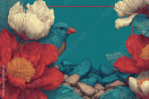 Colorful bird among red flowers decorative botanical illustration