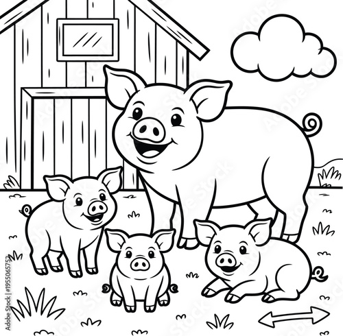 Black and white illustration of a smiling pig and her three little piglets standing in front of a barn