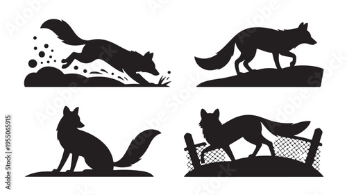 Black Fox Silhouettes In Various Poses On White Background For Wildlife Concepts