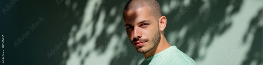 Fototapeta premium Male hispanic young portrait sunlit shadowed background green shirt confident gaze natural light outdoor headshot