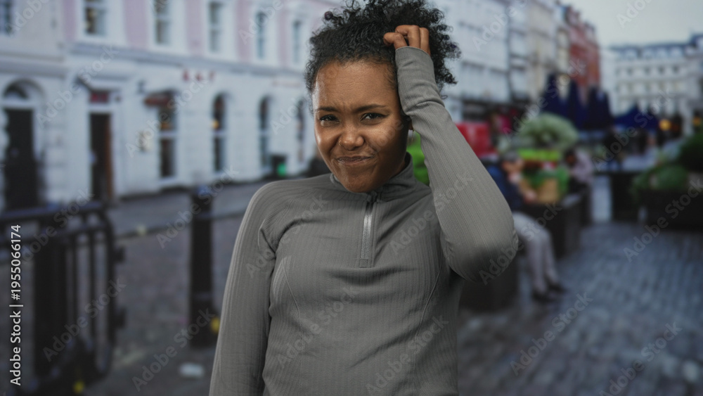 Fototapeta premium Woman touches hair with visible face and grey top standing on a bustling cobblestone street; uncertainty hesitation doubt confusion.