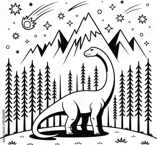 A black and white illustration of a dinosaur standing in front of trees and mountains with a meteor shower in the sky