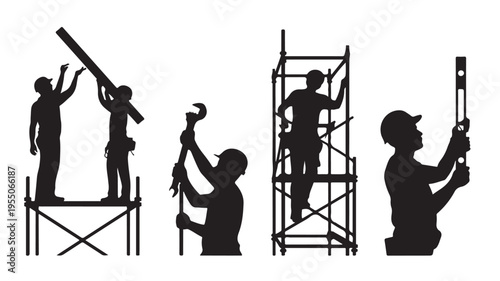 Construction Workers Silhouettes Working On Scaffolding With Tools For Building Industry Concepts