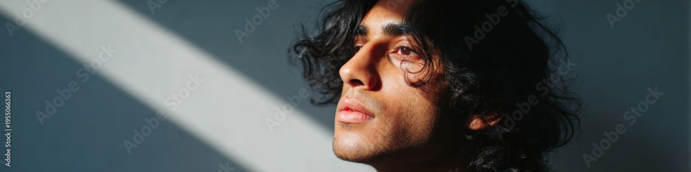 Fototapeta premium Male asian young adult closeup portrait dramatic sunlight stripe across face deep shadow moody expression curly black hair studio backdrop