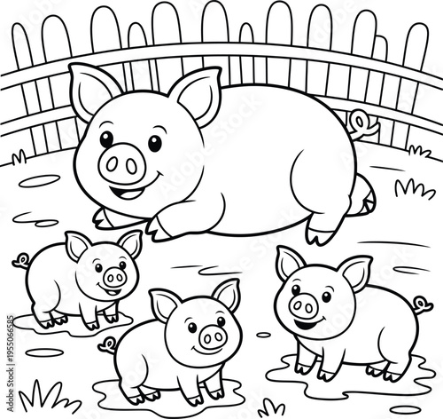 A black and white illustration of a smiling pig and three little piglets standing in mud in front of a fence