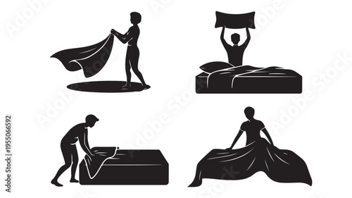 Black silhouettes of people making bed and changing sheets on white background for home and household concepts