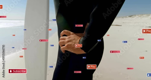 Holding surfer preparing adjusting black wetsuit zip by white board as UI labels appearing at beach