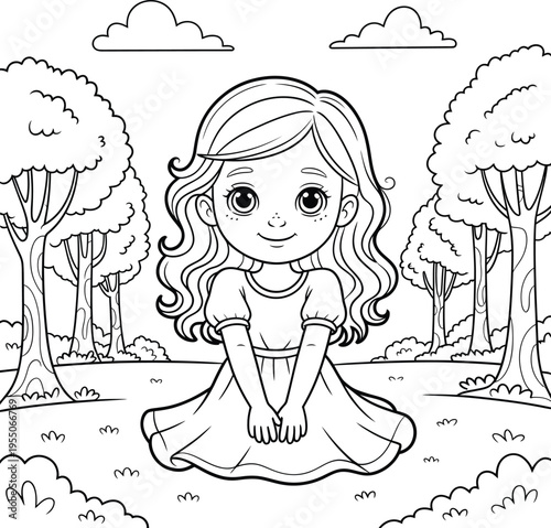 Black and white illustration of a smiling young girl sitting in a park surrounded by trees and clouds