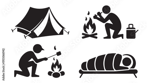 Camping Icons Set With Tent, People, Sleeping Bag, And Campfire For Outdoor Adventure Concepts