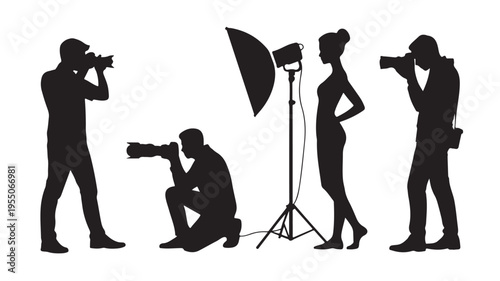 Photographers and model working in studio with lighting equipment for fashion photography concepts
