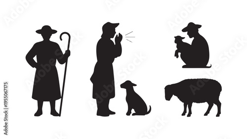 Shepherds And Their Animals Silhouettes Isolated On White For Agriculture Concepts