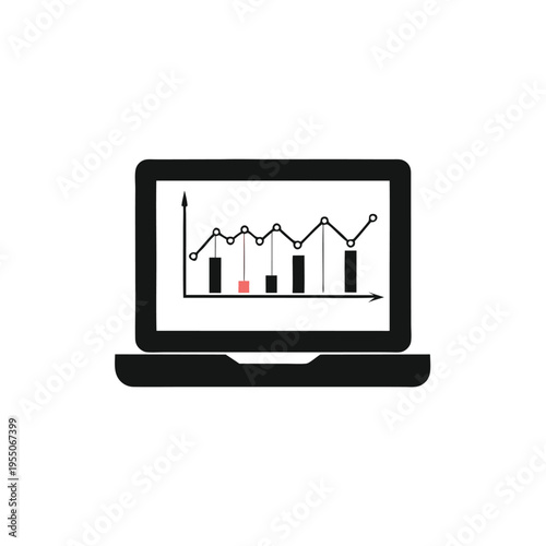 A laptop displays a financial line graph and bar chart showing variable performance metrics