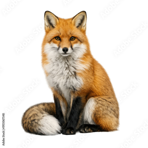 Stunning Red Fox Sitting Alert with Fluffy Tail Wrapped Forward, Vivid Orange Fur and Detailed Texture, Isolated on Transparent Background, High-Quality PNG Cutout for Wildlife Design Projects