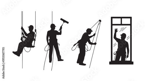 Window Cleaner Silhouettes Working On Building Exterior For Construction Concepts