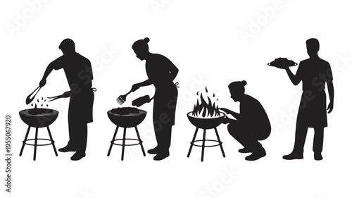 Silhouettes of people cooking on barbecue grills for outdoor dining concepts