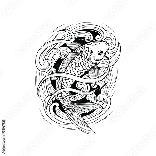 Dynamic koi fish tattoo design with swirling waves and intricate line art in traditional Japanese ink style