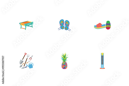 Various colorful for summer and garden tools watering can shovel fork pineapple