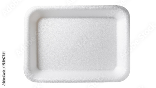 Isolated empty white disposable foam tray, common food packaging material with rough texture