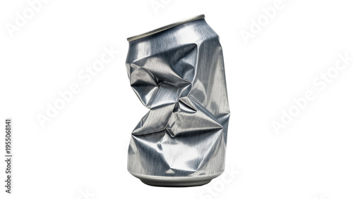 Isolated crumpled silver aluminum beverage can, an empty and squashed object.