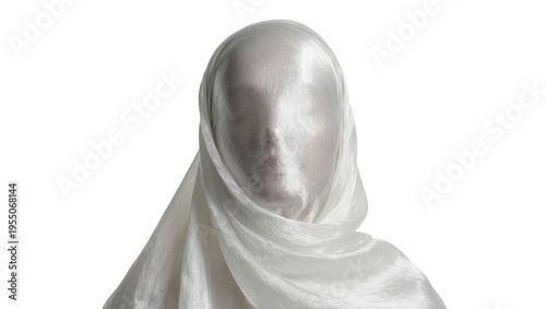 фотографія Isolated mysterious individual with face and head covered by shimmering white si
